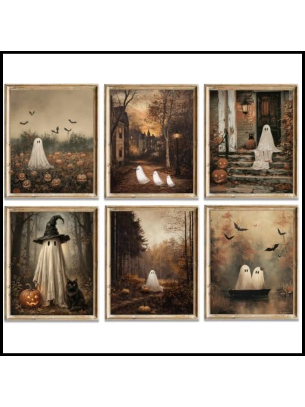 6 Pc Vintage Halloween Wall Art Prints Ghost Bat Poster Set 8x10 Unframed